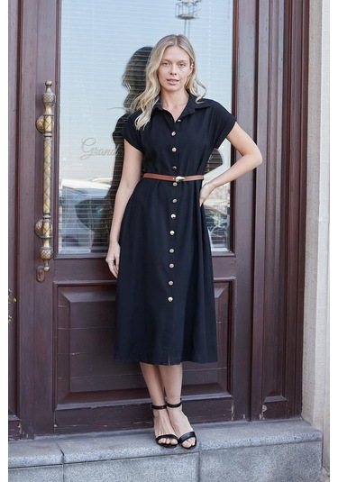 Kadın Twill Modal Yakalı Düşük Omuzlu Duble Kol Midi Boy Diz Altı Elbise Deri Kemer Dahil -siyah Siyah