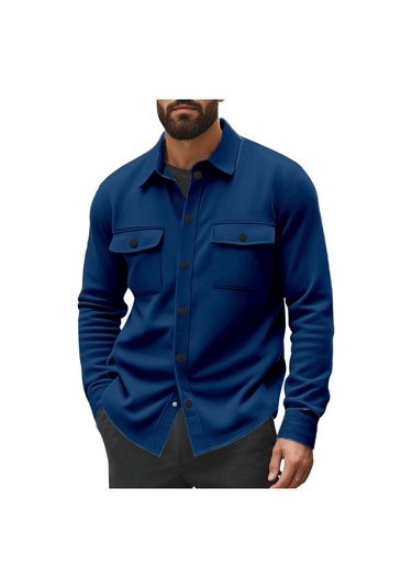 Gündelik Erkek Kadife Yaka Üst Tek Sıra Düğmeli Düz Renk Dar Kesim Ceket Manto Hazine Mavisi