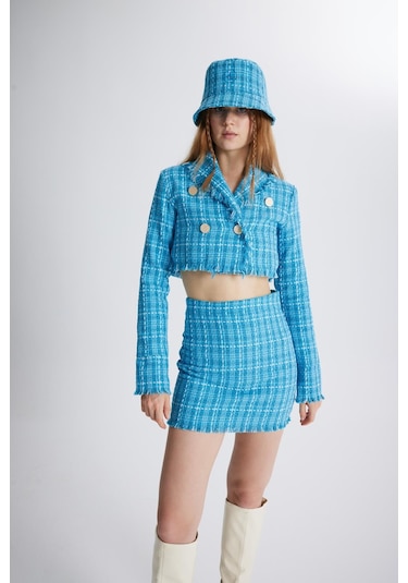 Holly Lolly Tüvit Kumaş Crop Tweed Ceket Mavi