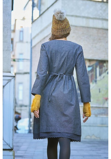 Nervürlü Yaka Dantelli Uzun Kollu Gri Elbise Desenli