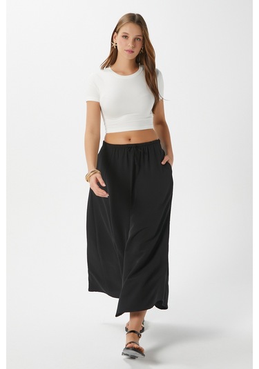 Kadın Seaside Siyah Astarlı Bel Lastikli Cepli Dokuma Uzun Etek Siyah