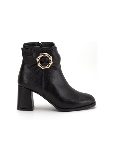 Siyah Kadın Kalın Topuklu Bot Yan Fiyonk Aksesuarlı Küt Burun-4279 Siyah