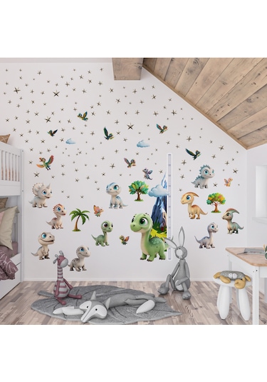 Sevimli Dinazorlar Temalı Boy Ölçerli Duvar Sticker Seti - Mat, Sökülebilir, Çocuk Odası Dekoru 01