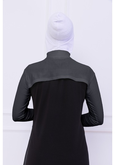 Balıkçı Yaka Boyunluklu Kolluk Gri - Likralı Dik Yakalı Kadın Body Tesettür Crop Bolero Gri