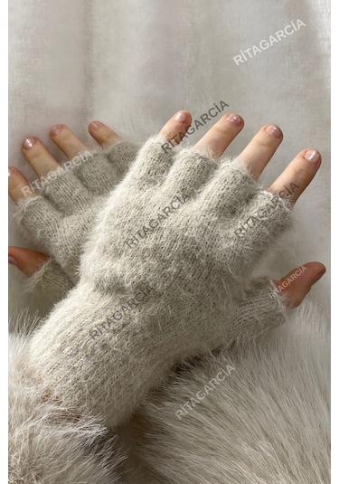 Peluş Kesik Parmak Eldiven Bej