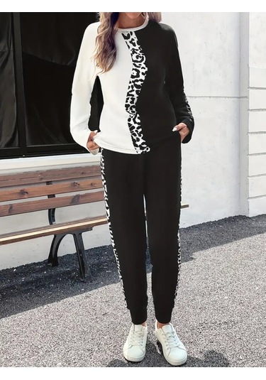 Tua Moda Kadın Uzun Kollu Bisiklet Yaka Çift Renkli Viskon Iki Iplik Bluz Ve Pantolon Ikili Takım Siyah