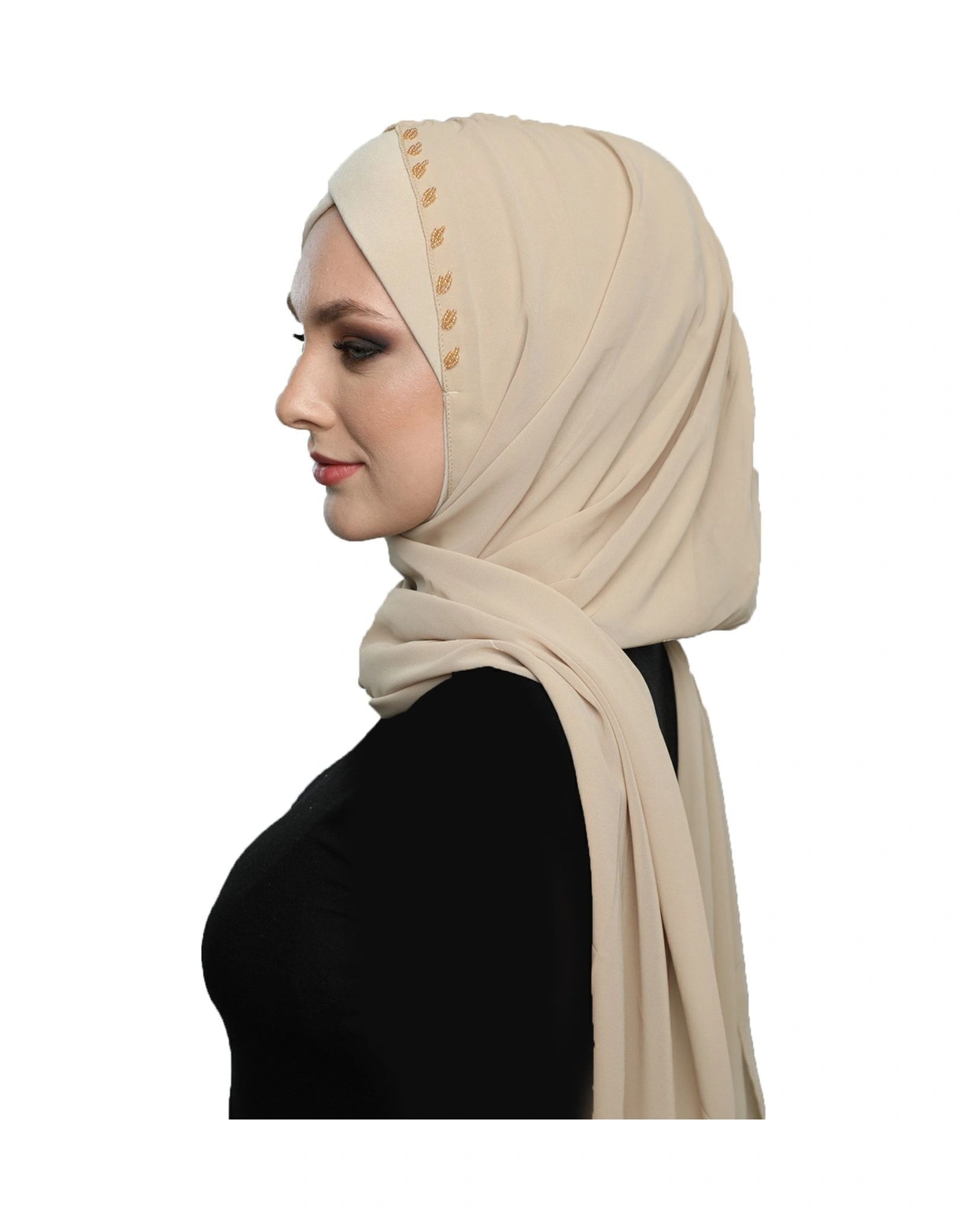 Şallı Takmatik Taşlı Bej Hazır Türban Tesettür Bone Namaz Örtüsü Bej
