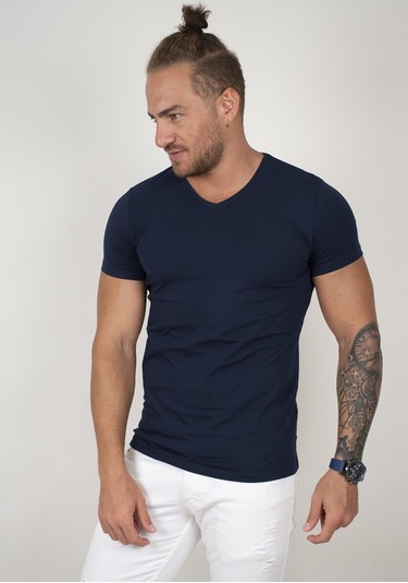 Deepsea Lacivert V Yaka Slim Fit Erkek Tişört 1801165 Lacivert