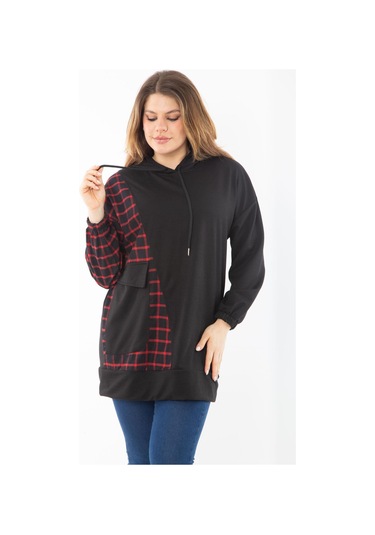 Kadın Büyük Beden Siyah Ekose Garnili Kapşonlu Sweatshirt 65n37289-siyah Siyah