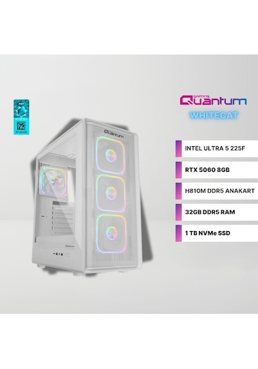 Quantum Gaming Whitecat ME2001 Ultra 5-225F 32 GB 1 TB SSD RTX5060 Dos Masaüstü Oyuncu Bilgisayarı
