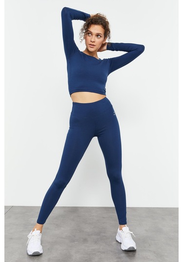 Tommy Life İndigo Uzun Kollu Dar Kalıp O Yaka Kadın Crop Top T-shirt - 97150 İndigo