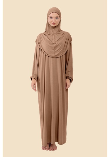 Tek Parça Tesettür Elbisesi Tak Çıkar Başörtülü Organik Pamuklu Lastikli Kolu Kaymaz Penye Kumaş Sütlü Kahverengi