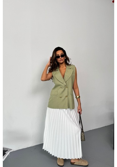 Modasize Gold Düğmeli Keten Yelek - Yeşil Yeşil