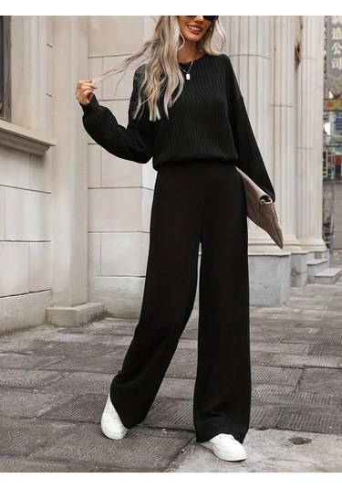 Ge Ticaret Kadın Uzun Kollu Bisiklet Yaka Şardonlu Dalgıç Bluz Ve Pantolon Ikili Takım Siyah
