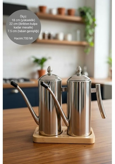 Bambum Standlı 2'li Çok Amaçlı Çelik Demlik Yağlık Yağdanlık 700ml Çelik