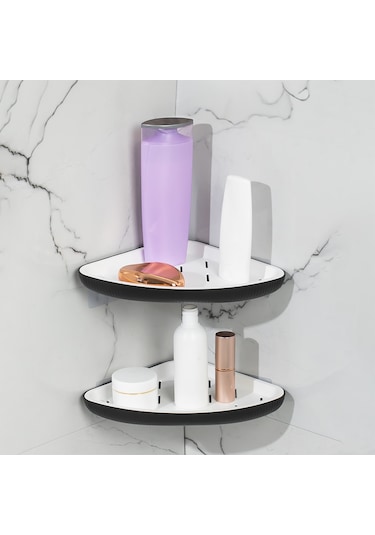 Porsima 0447 2'li İstiridye Banyo Köşe Rafı Yapışkanlı Raf Siyah