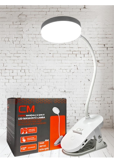 Cm 3 Işık Modlu Led Masa Lambası Mandallı, Usb Şarjlı, Taşınabilir Beyaz