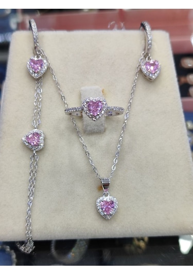 925 Ayar Gümüş Pembe Kalpli 4 'lü Gümüş Set, Kolye, Küpe, Yüzük V