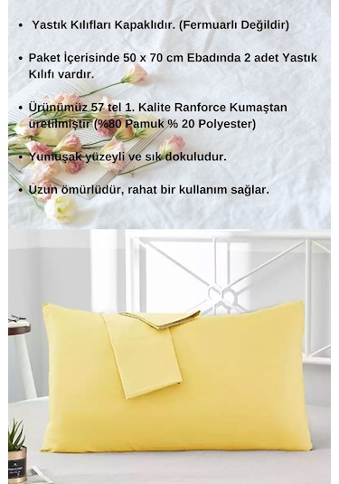 Sarı Renkli Pamuklu Ranforce Kumaştan Yastık Kılıfı 2 Adet