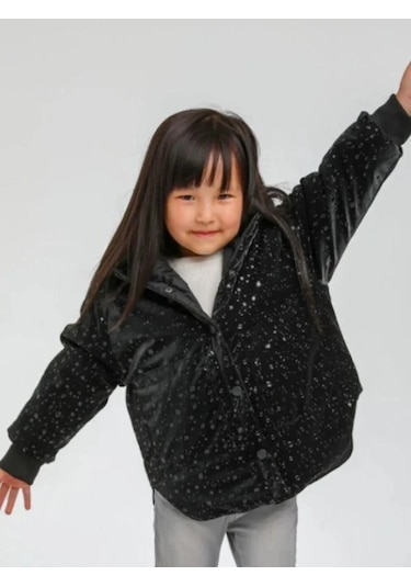 Kız Çocuk Çift Taraflı Rugan Şişme Kapüşonlu Cepli Mont-13620 Siyah
