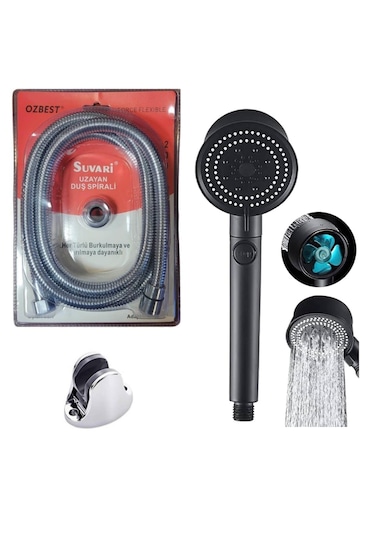Özbest 2 Metre Spiral Duş Hortumu Pervaneli Duş Başlık Mafsal Set Siyah - Krom