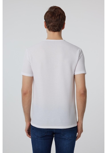 Süvari Beyaz Slim Fit Armürlü Bisiklet Yaka Tişört-37336 Beyaz