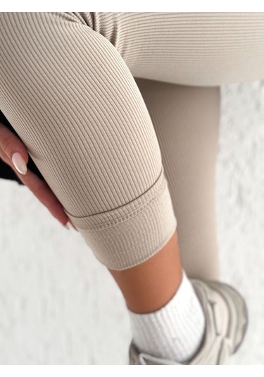 Kadın Içi Polarlı Fitilli Yüksek Bel Toparlayıcı Tayt Bej