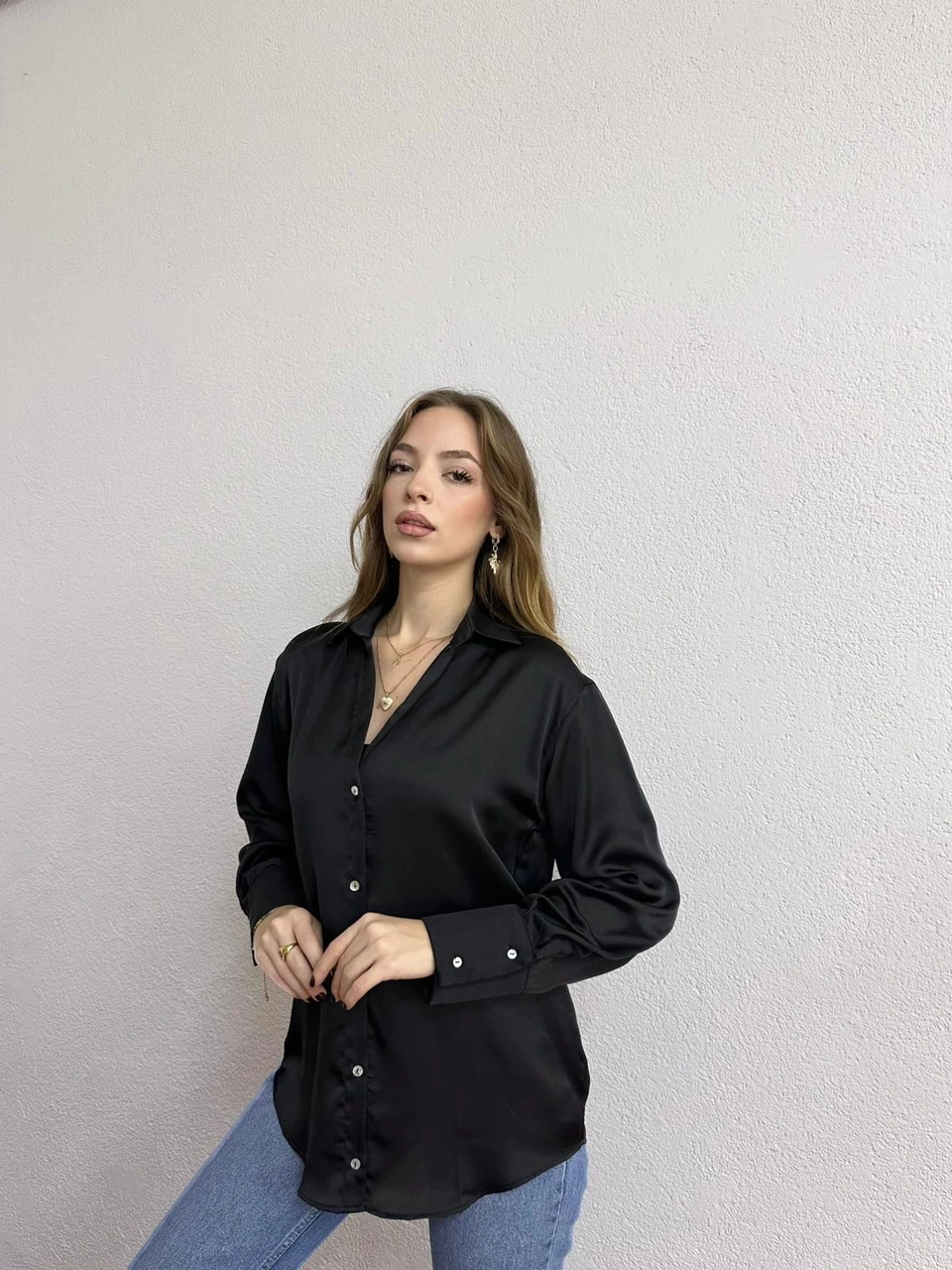 Proto Suit İnce Saten Gömlek Siyah
