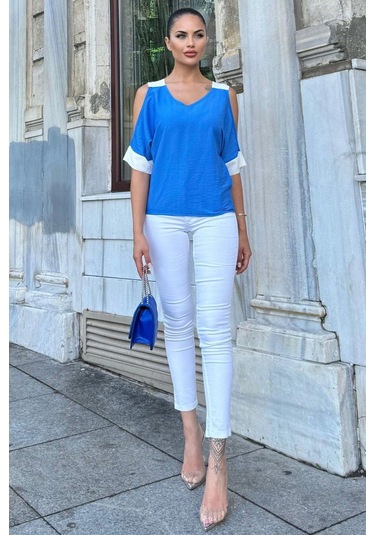 Kadın İndigo Omuz Dekolteli Kısa Kol, Salaş Keten Bluz Indigo