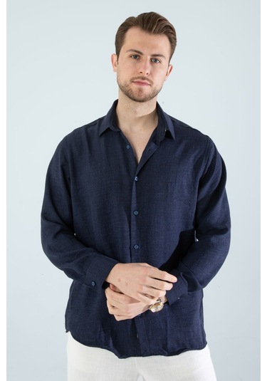 Rahat Kesim Keten Dokulu Gömlek Lacivert