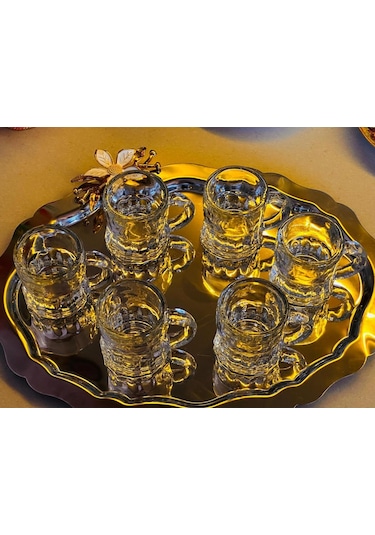 6 Lı Kulplu Cam Bardak Seti, 4 Cm Çap 5 Cm Yükseklik, 35 Ml Şeffaf