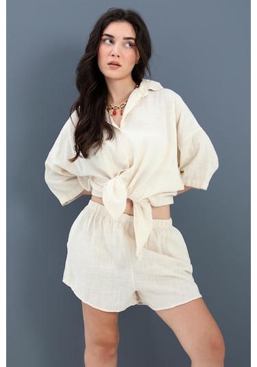 Pamuk Keten Şort Gömlek Kadın İkili Takım - Taş-taş Taş
