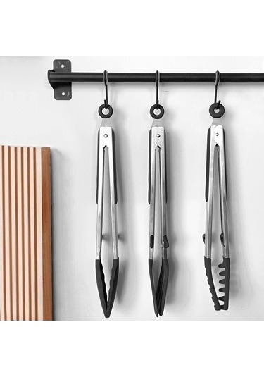 Springsun 3 Parça 30cm Paslanmaz Çelik Mutfak Kelepçesi, Silikon Uçlu Izgara, Makarna Ve Salata Bufetleri İçin Siyah