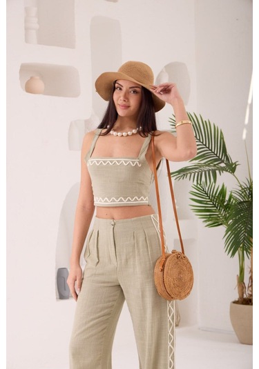 Zikzak Nakış Kalın Askılı Crop Bluz Pantolon 2li Takım Haki
