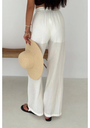 Beli Lastikli Geniş Paça Pantolon Beyaz Beyaz