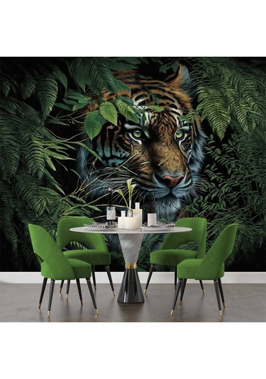 Kaplan Ve Yaprak Temalı Duvar Kağıdı Baskı