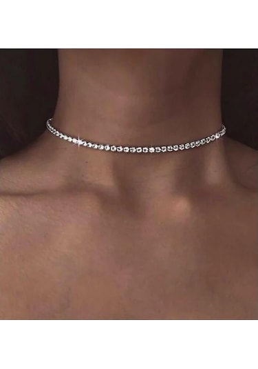 Limezon Gümüş Renk Zirkon Kadın Su Yolu Choker Kolye Altın