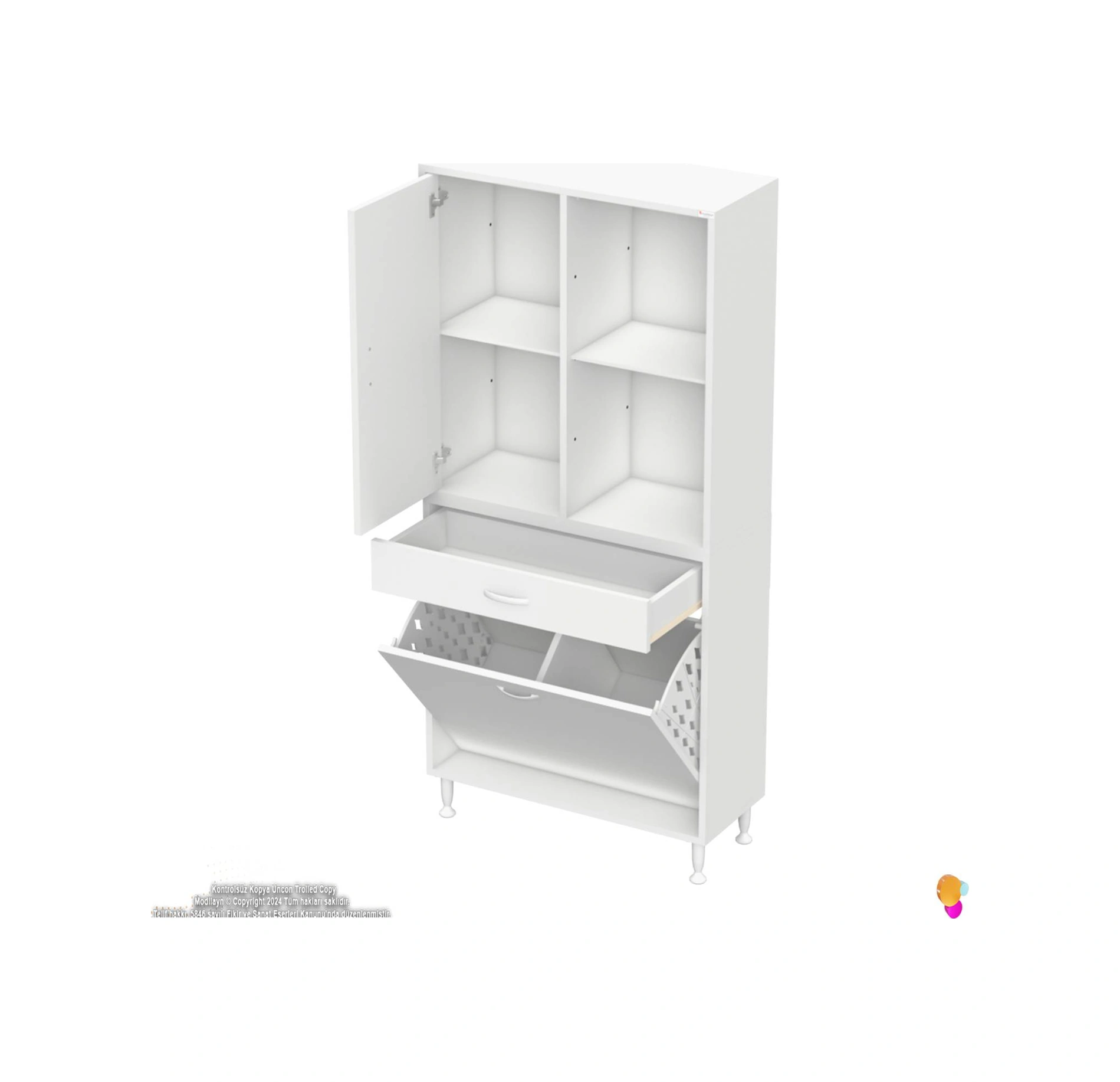 Kayra 1 Çekmece, 2 Göz Sepet, Tek Kapak, 4 Raf Dar Alan Banyo Dolabı 75x173x32,5 Cm Beyaz