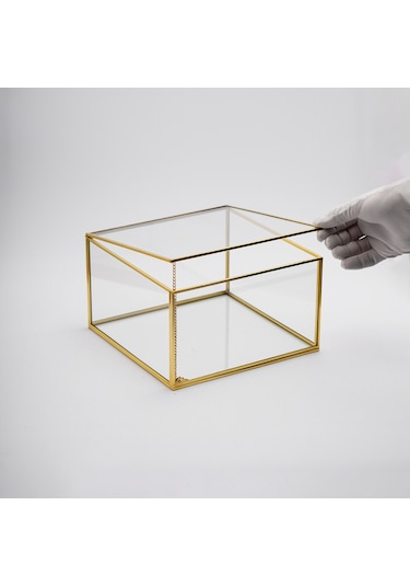 : Büyük Cam Kutu Pirinç & Gold 25x25x15cm