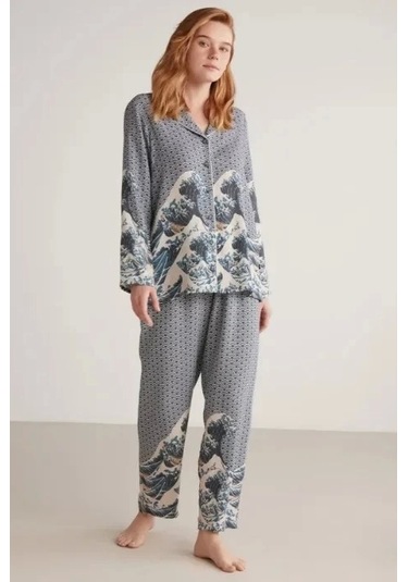 Nautıca W617 Kadın Uzun Kollu Önden Düğmeli Pijama Takımı İndigo