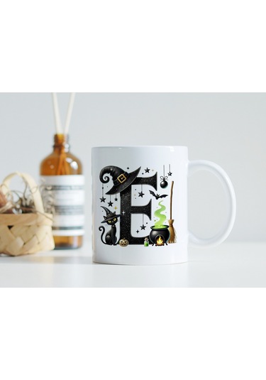 E Harfli Halloween Kedili Figür Kupa Bardak - Şapkalı Ve Kazanlı İsme Özel Kupa - Hediye 07 Beyaz