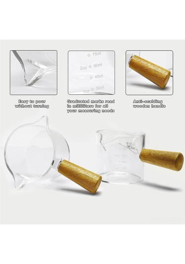 Qingmipy "2'li Ahşap Saplı Çift Ağızlı Espresso Ölçekli Bardak - 75ml Sıcak İçecekler İçin" Şeffaf