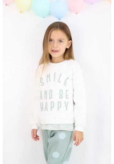 Kız Çocuk Smile And Happy Baskılı Kalın Eşofman Takımı Beyaz