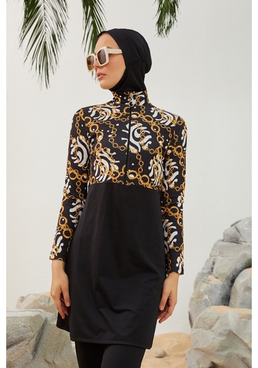 Likralı Tam Kapalı Tesettür Mayo Deniz Mayosu T2123-24 Siyah