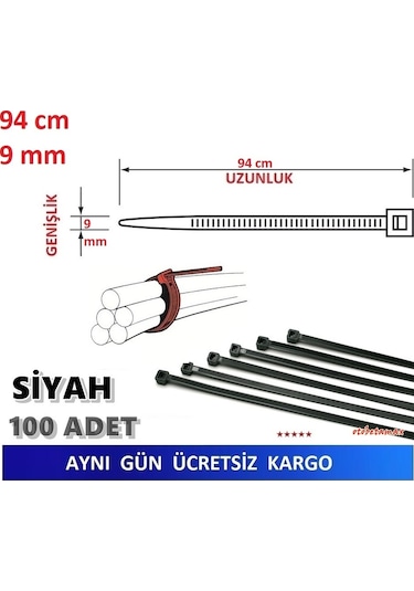100 Adet Pemsan 94Cm X 9Mm Plastik Kelepçe Siyah
