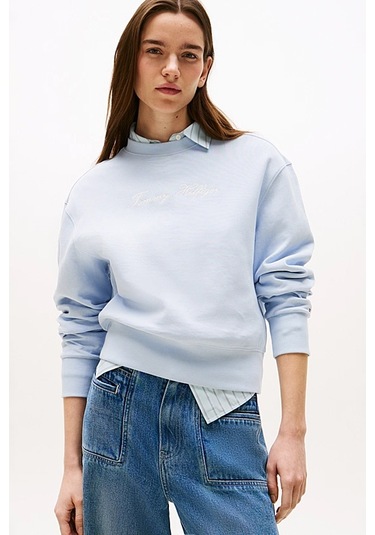 Kadın Yazı Nakışlı Bisiklet Yaka Sweatshirt - Açık Mavi Breezy Blue