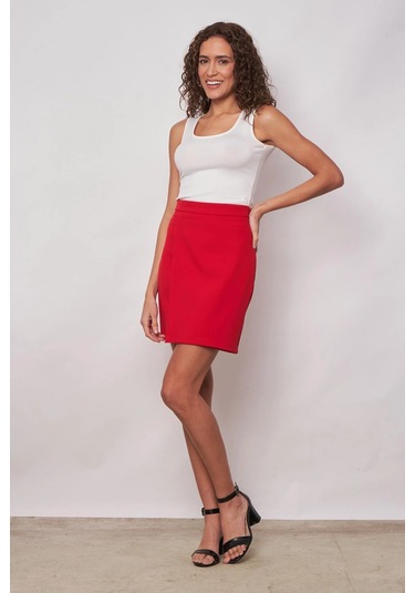 Kadın Hafif Likralı Kumaş Yüksek Bel Anvelop Kruvaze Hafif Mini Kalem Etek-kırmızı Kırmızı