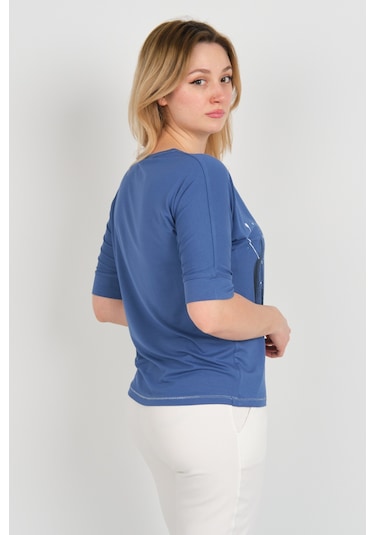 Sistas Kadın Bisiklet Yaka Desenli Yaka Ve Etek Ucu Parlak Şeritli Bluz 24244 Indigo Indigo