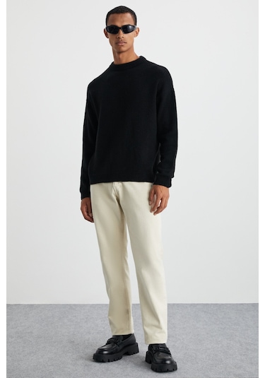 Tromso Erkek Bisiklet Yaka Oversize Recycle Triko Triko Siyah Kazak