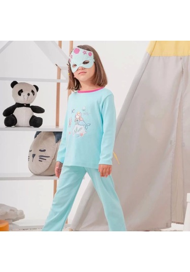 Deniz Kızı Desenli Çanta Ve Maskeli % 100 Pamuk Kız Çocuk Pijama Takımı Yeşil
